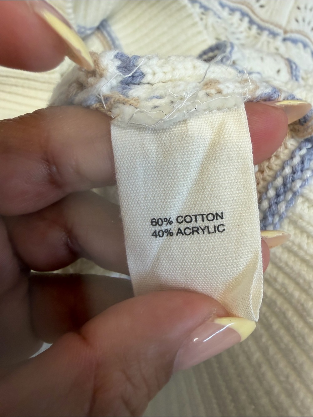 Marled Cream Eyelet Knit Sweater with Blue and Tan Stripes Size Large - Picture 6 of 7